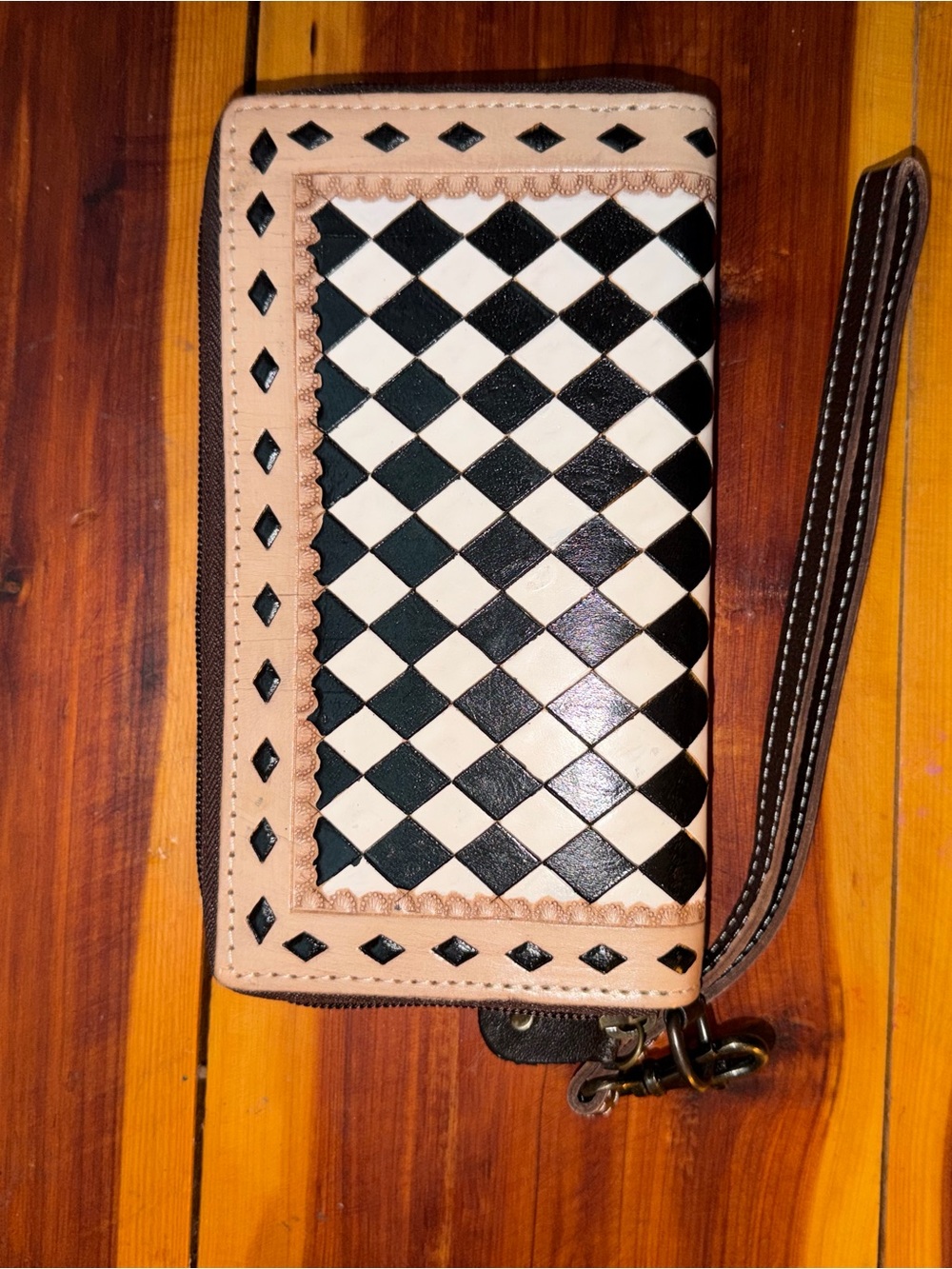 Woven Leather Check Pattern Wristlet Wallet in Black and Cream
